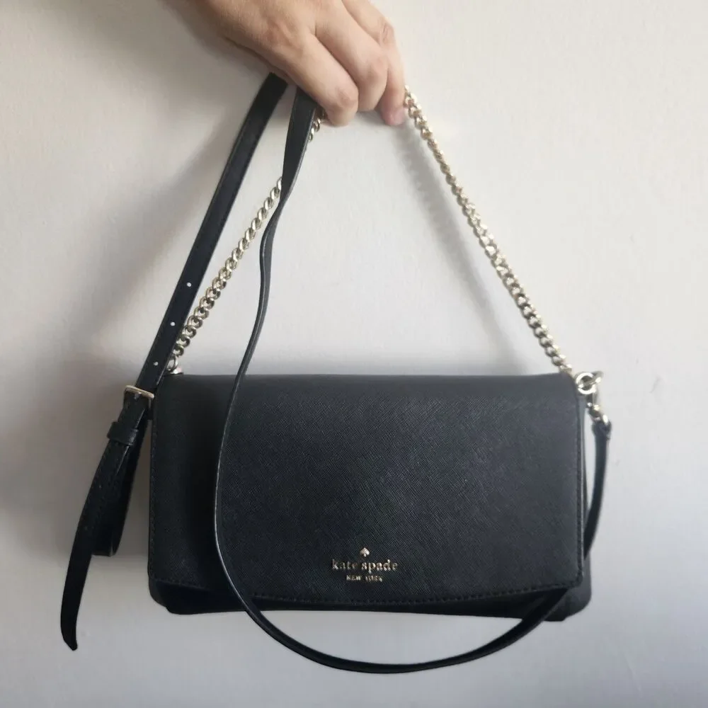 Kate Spade New York Black Saffiano Leather Shoulder Bag Chain Link Accents luxe